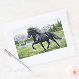 Sticker Rectangulaire Freydis Black Horse dans un paysage nordique