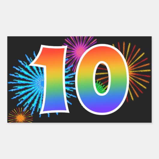 Sticker Rectangulaire Fun Fireworks + Rainbow Motif "10" Numéro d'événem (Devant)