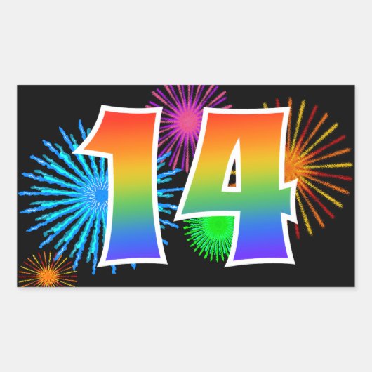 Sticker Rectangulaire Fun Fireworks + Rainbow Motif "14" Numéro de l'évé (Devant)