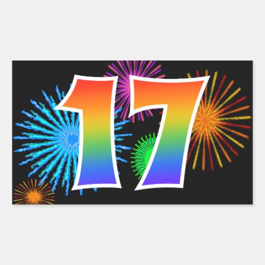 Sticker Rectangulaire Fun Fireworks + Rainbow Motif "17" Numéro de l'évé (Devant)