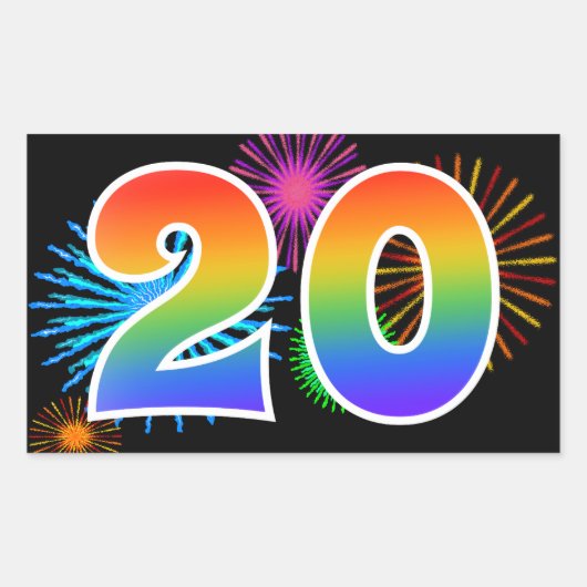 Sticker Rectangulaire Fun Fireworks + Rainbow Motif "20" Numéro de l'évé (Devant)