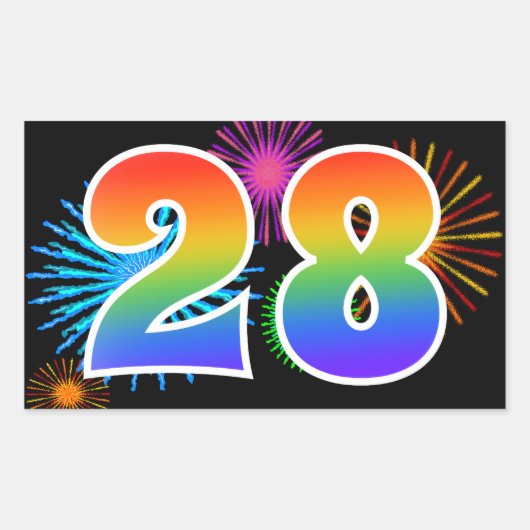 Sticker Rectangulaire Fun Fireworks + Rainbow Motif "28" Numéro de l'évé (Devant)