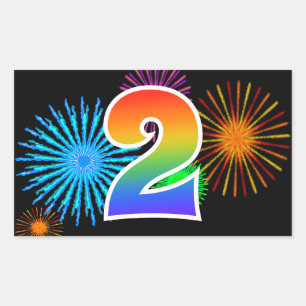 Sticker Rectangulaire Fun Fireworks + Rainbow Motif "2" Numéro d'événeme