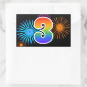 Sticker Rectangulaire Fun Fireworks + Rainbow Motif "3" Numéro d'événeme (Sac)