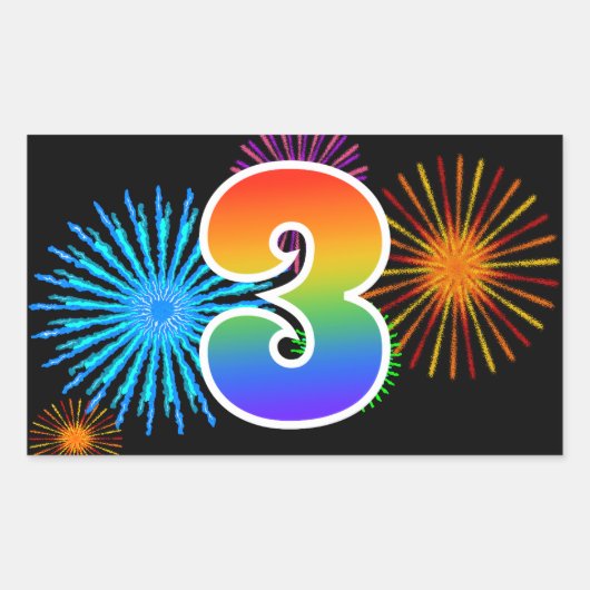 Sticker Rectangulaire Fun Fireworks + Rainbow Motif "3" Numéro d'événeme (Devant)