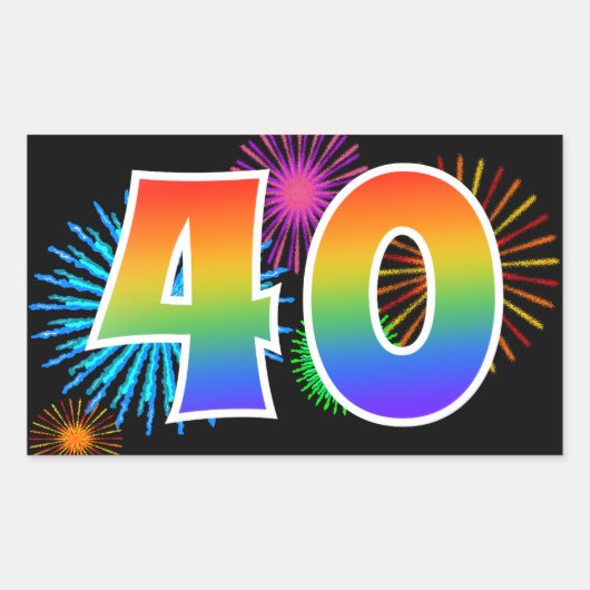 Sticker Rectangulaire Fun Fireworks + Rainbow Motif "40" Numéro d'événem (Devant)