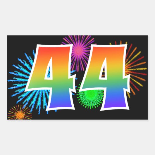 Sticker Rectangulaire Fun Fireworks + Rainbow Motif "44" Numéro de l'évé (Devant)
