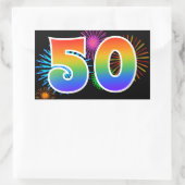 Sticker Rectangulaire Fun Fireworks + Rainbow Motif "50" Numéro d'événem (Sac)