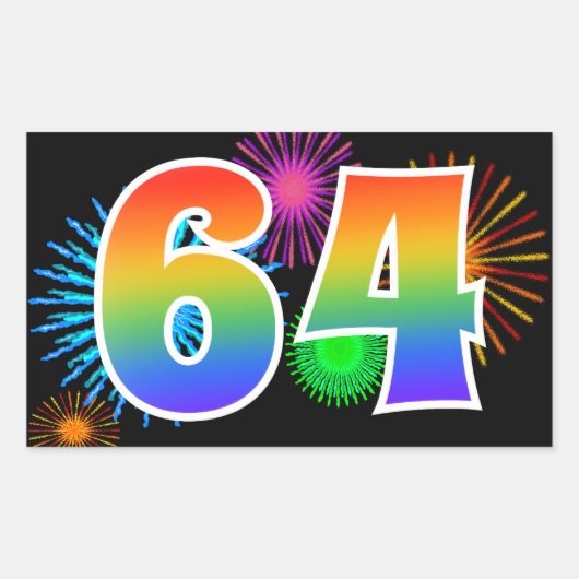 Sticker Rectangulaire Fun Fireworks + Rainbow Motif "64" Numéro de l'évé (Devant)