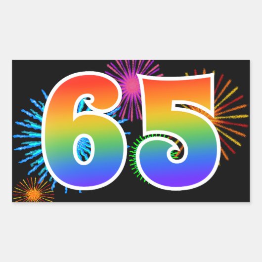 Sticker Rectangulaire Fun Fireworks + Rainbow Motif "65" Numéro d'événem (Devant)
