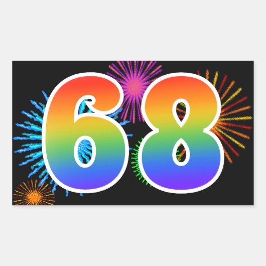 Sticker Rectangulaire Fun Fireworks + Rainbow Motif "68" Numéro d'événem (Devant)