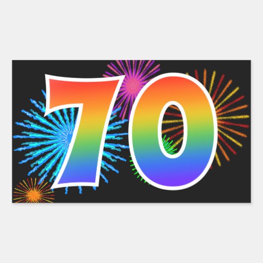 Sticker Rectangulaire Fun Fireworks + Rainbow Motif "70" Numéro d'événem (Devant)