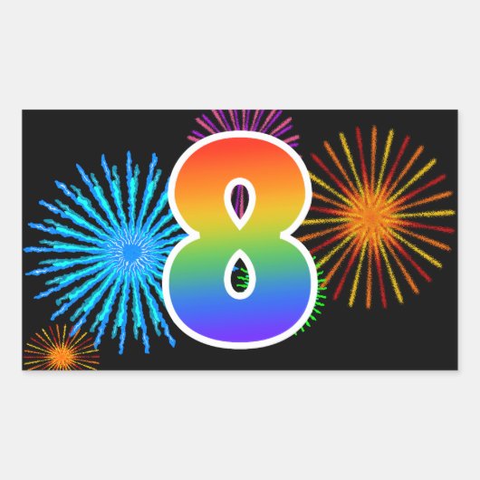 Sticker Rectangulaire Fun Fireworks + Rainbow Motif "8" Numéro d'événeme (Devant)