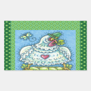 STICKER RECTANGULAIRE FUNNY IRISH HEN, OEUFS VERTS ET SHAMROCK CUIT