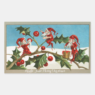 STICKER RECTANGULAIRE FUNNY RED CHRISTMAS ELVES PEINTE HOLLYBERRIES