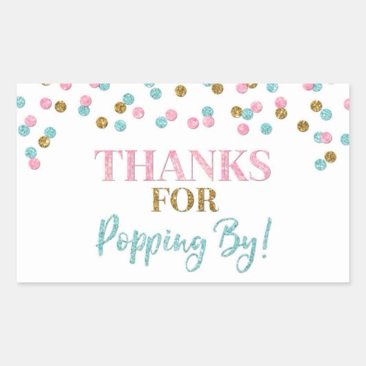 Sticker Rectangulaire Gold Pink Blue Confetti Merci pour Popping By (Devant)