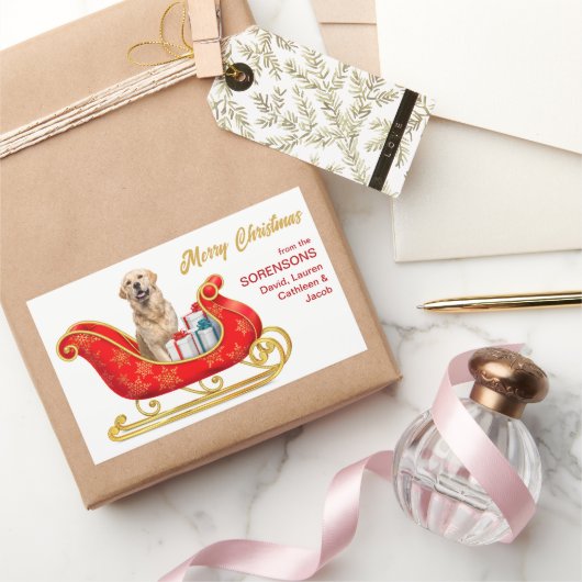 Sticker Rectangulaire Golden Retriever Chien Sleigh de Noël (Cadeaux)