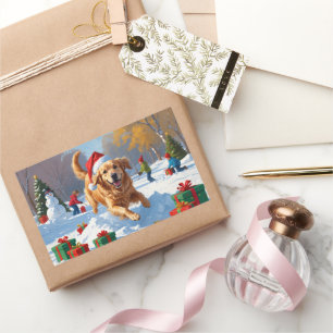 Sticker Rectangulaire Golden Retriever dans la neige avec un chapeau de 