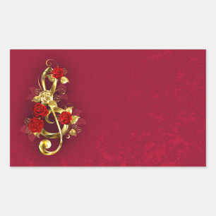 Sticker Rectangulaire Golden Treble Clef avec fleurs Roses