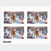 Sticker Rectangulaire Goldendoodle Courir en neige avec Casquette de Noë (Feuille)