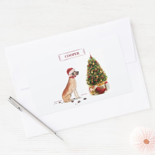 Sticker Rectangulaire Great Dane Funny Chien de Noël avec arbre (Enveloppe)