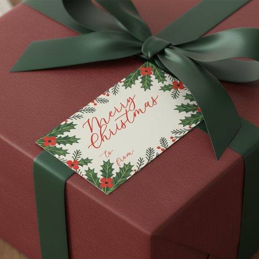 Sticker Rectangulaire Green Holly Feuilles et Red Berry Joyeux Noël