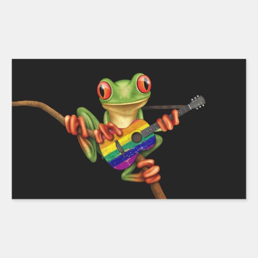 Sticker Rectangulaire Grenouille Arbre Jouer Arc-en-ciel drapeau Guitare (Devant)