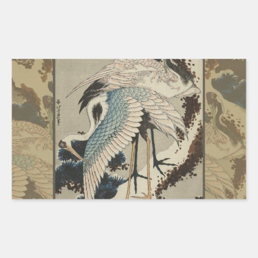 Sticker Rectangulaire Grues sur un pin couvert de neige Hokusai (Devant)