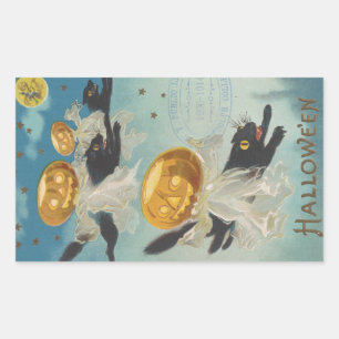 Sticker Rectangulaire Halloween Chats noirs et Fantômes Citrouilles Vint