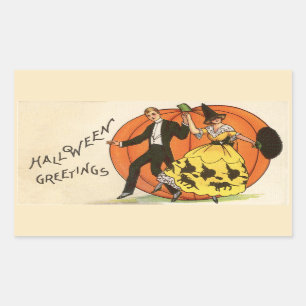 Sticker Rectangulaire Halloween Salutations Danser Couple Citrouille Vin
