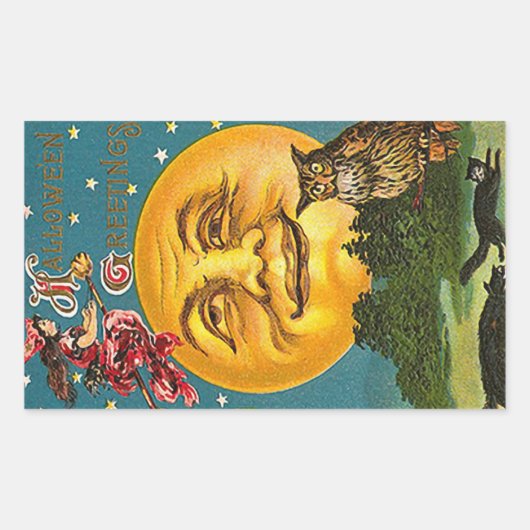 Sticker Rectangulaire Hallowe'en Salutations Pleine lune Owl Witch Vinta (Devant)