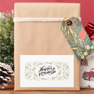 Sticker Rectangulaire Happy Holidays Gold Floral avec Branches & Blooms