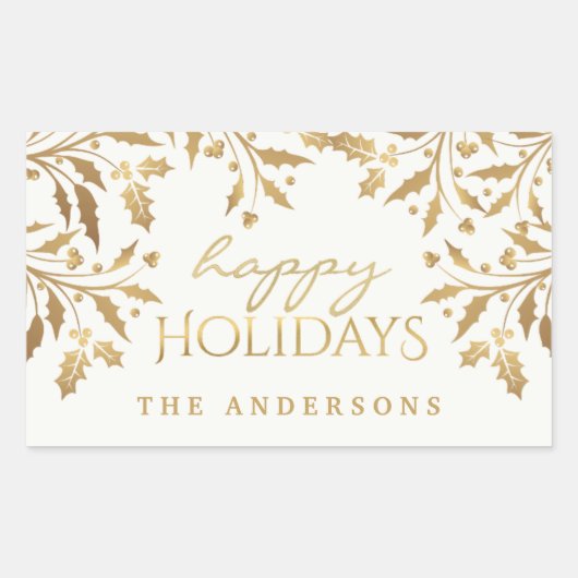 Sticker Rectangulaire Happy Holidays Gold Shimmer Holly Branches (Devant)