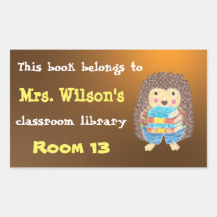 Sticker Rectangulaire Hérisson avec livres Bibliothèque de classe Plaque