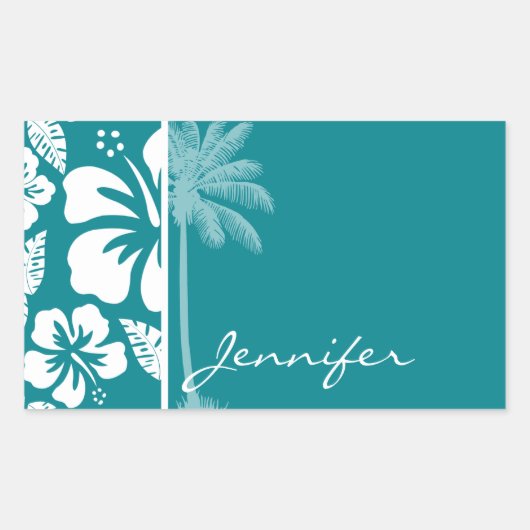 Sticker Rectangulaire Hibiscus Tropical Turquoise foncé ; Palm (Devant)