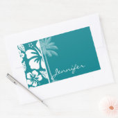 Sticker Rectangulaire Hibiscus Tropical Turquoise foncé ; Palm (Enveloppe)