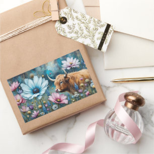 Sticker Rectangulaire Highland Cow Floral Coloré Cosmos Tapestry II