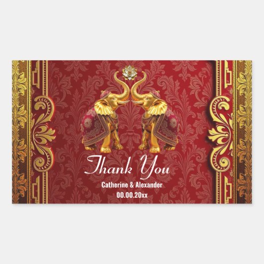 Sticker Rectangulaire Hindi éléphants lotus fleur or rouge mariage (Devant)