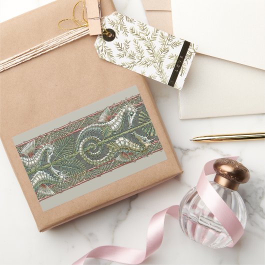 Sticker Rectangulaire Hippocampes et algues, Art Nouveau Vintage (Cadeaux)