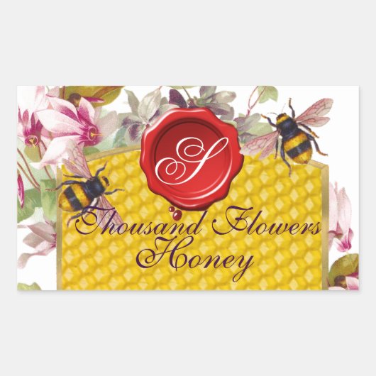 STICKER RECTANGULAIRE HONEY BEE, CYCLAMEN FLEURS RED WAX SEAL MONOGRAMME (Devant)