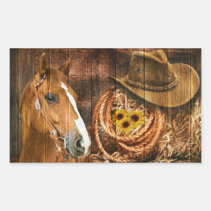 Sticker Rectangulaire Horse Cowboy Casquette Lasso Sunflower Rustic Barq
