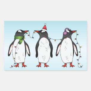 Sticker Rectangulaire Illustration de trois pingouins de Noël festifs