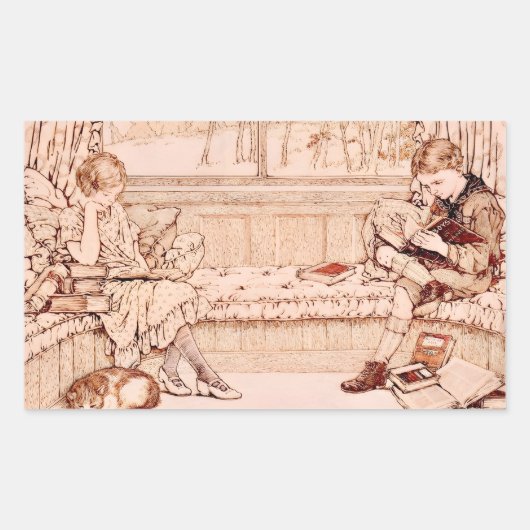 Sticker Rectangulaire Illustration vintage d'enfants lisant (Devant)