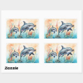 Sticker Rectangulaire Impression d'art de dauphins à l'aquarelle (Feuille)