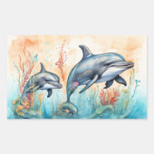 Sticker Rectangulaire Impression d'art de dauphins à l'aquarelle (Devant)