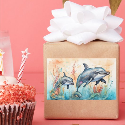 Sticker Rectangulaire Impression d'art de dauphins à l'aquarelle (Fête)