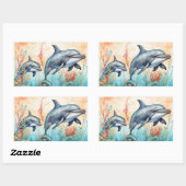 Sticker Rectangulaire Impression d'art de dauphins à l'aquarelle (Feuille)