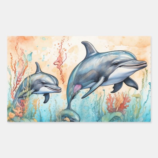 Sticker Rectangulaire Impression d'art de dauphins à l'aquarelle (Devant)