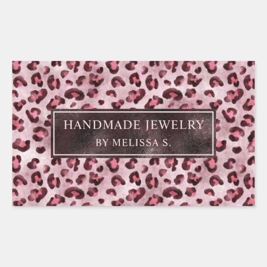 Sticker Rectangulaire Impression léopard rose avec faux feuille et texte (Devant)
