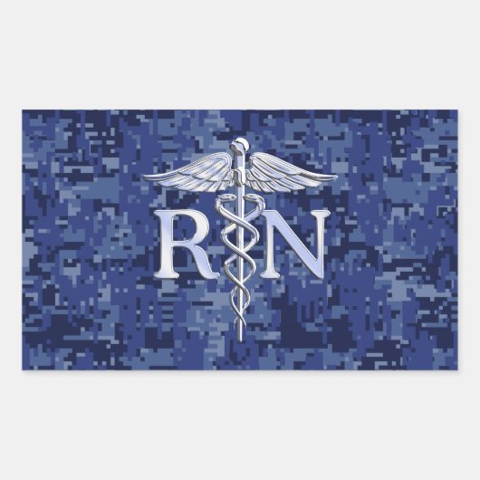Sticker Rectangulaire Infirmière autorisée RN Caduceus sur Camo Bleu (Devant)